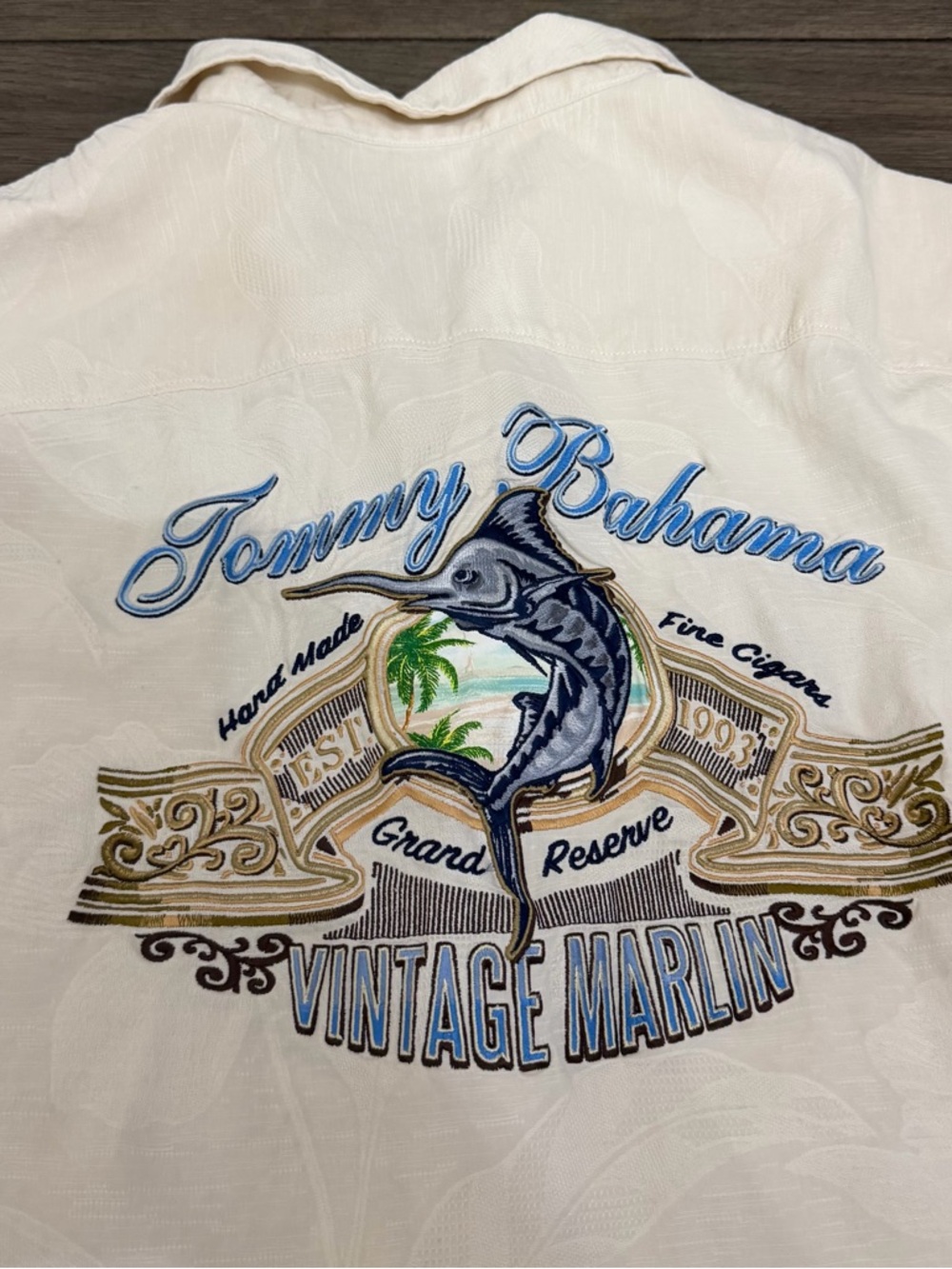 Tommy Bahama Cream Shirt with Blue Marlin Embroidery